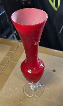 Vintage ENESCO RUBY RED GLASS VASE with CLEAR GLASS ROUND BASE 8" 