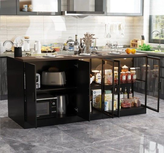 77.6"W Kitchen Island With Glass Door