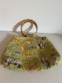 Handmade Safari jungle print fabric tote bag with bamboo handles/Safari animal purse