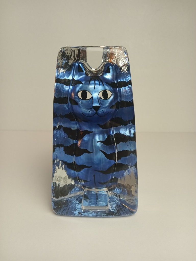 Kosta Boda Vintage Sea Glasbruk Sweden Glass Cat Metallic Blue Reverse Painted