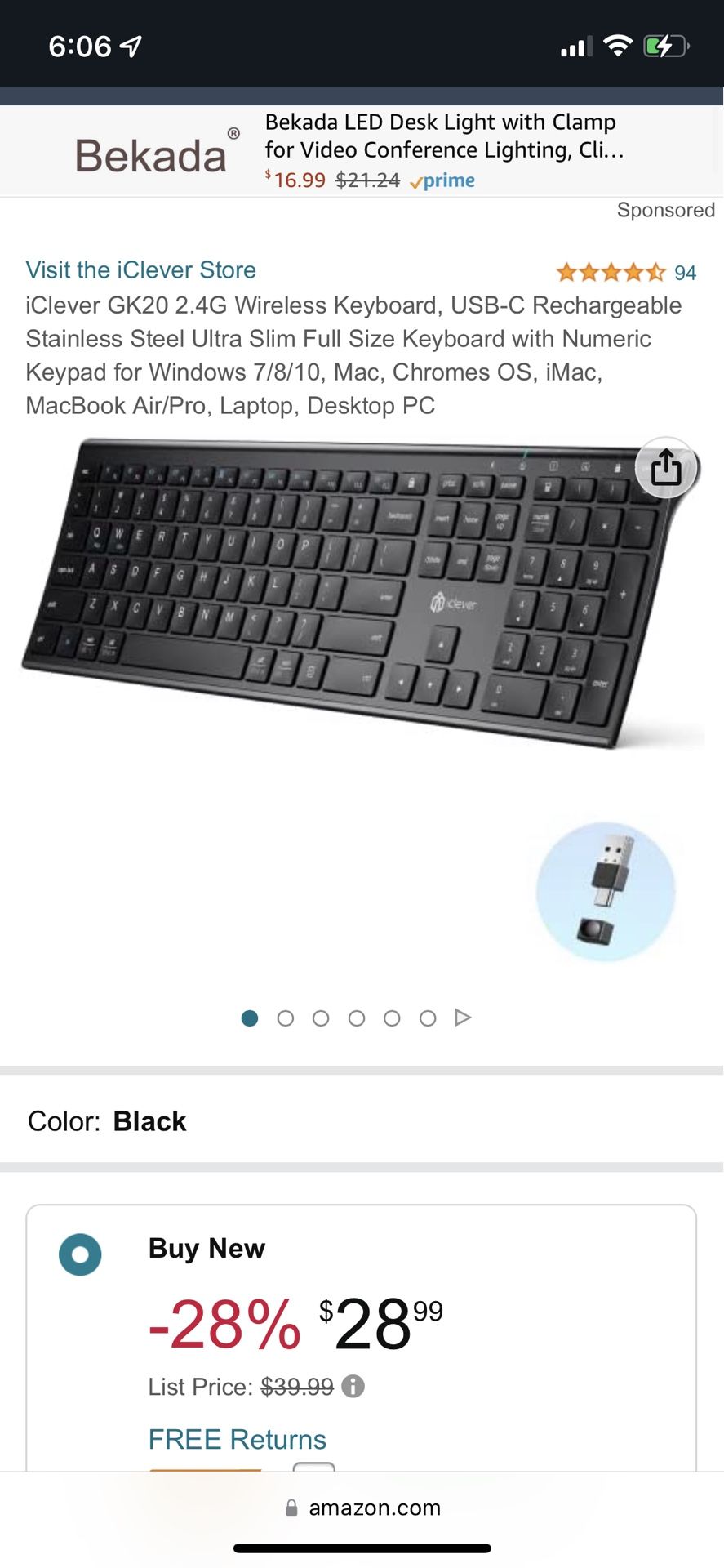 iClever 2.4G Wireless Keyboard, USB Rechargeable Stainless Black Ultra Slim Full Size Keyboard with Numeric Keypad for Windows 7/8/10, Mac, Chromes O