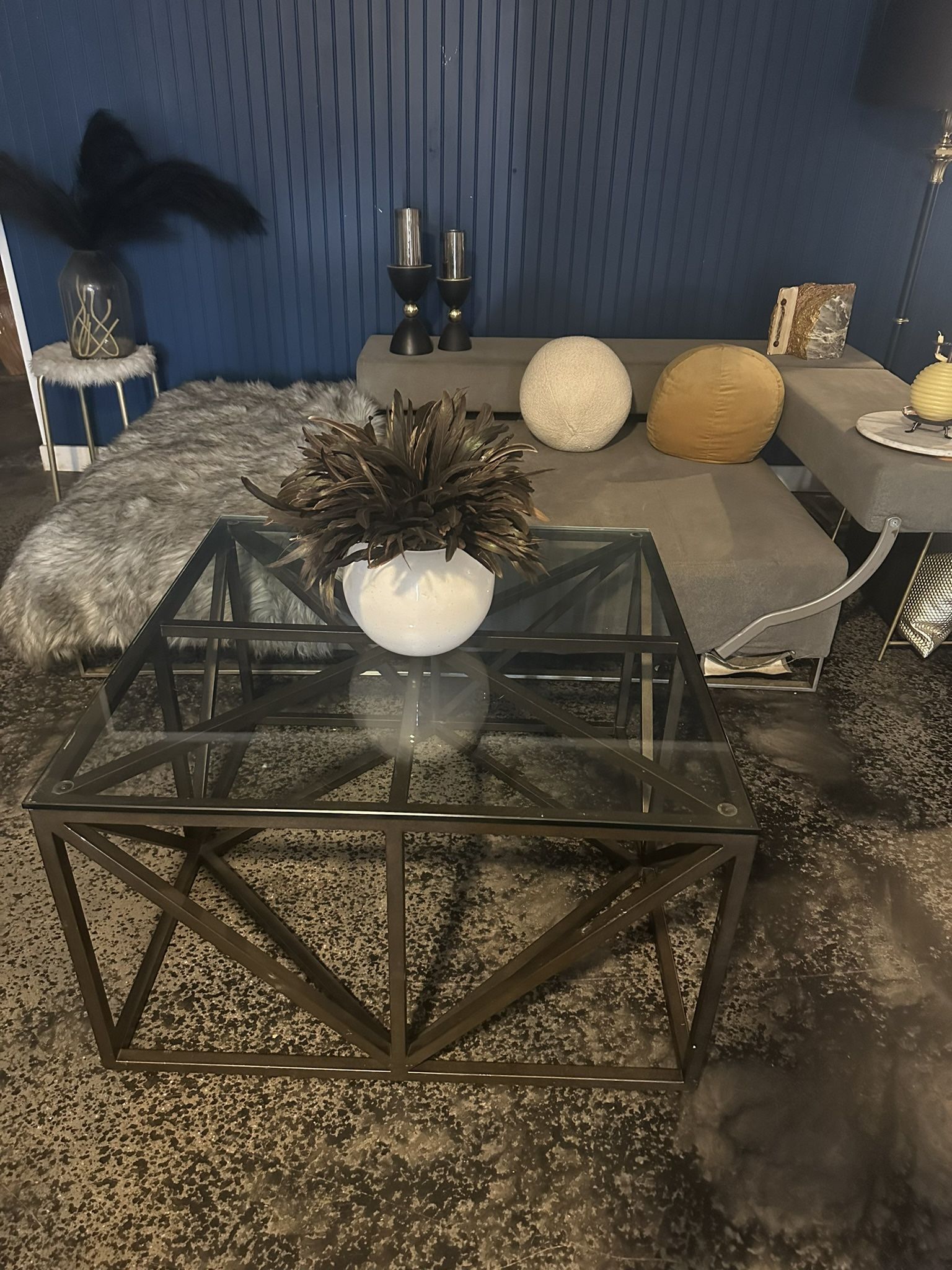 Modern High End Truman Bronze Truss Metal & Glass Geometric Coffee / Cocktail Table