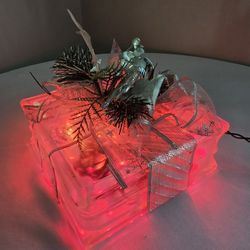 Frosted Glass Christmas Pink Lighted Holiday Cube 8x8x4 Silver Ribbon Pine Decor