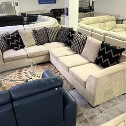 L Shaped Sectional Fabric With Back Pillows 