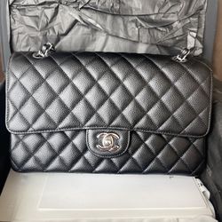 Chanel Classic Double Flap Bag,Caviar Leather,Medium,Silver 