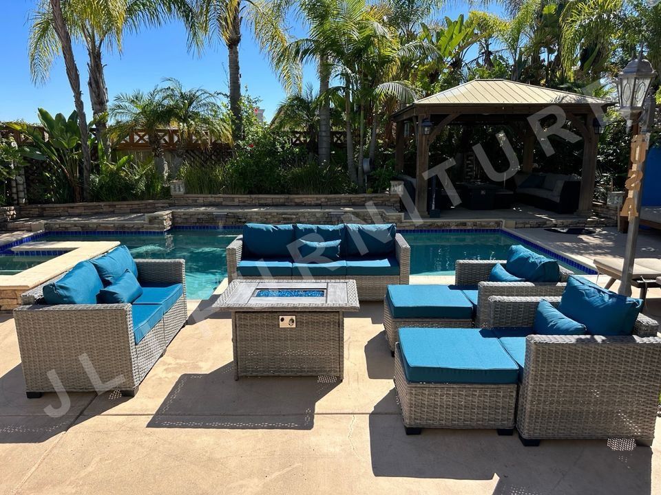 NEW 🔥 Gorgeous 7 Pc Outdoor Patio Furniture Set in Grey HDPE Wicker with 4" Peacock Blue memory foam non slip cushions FULLY ASSEMBLED