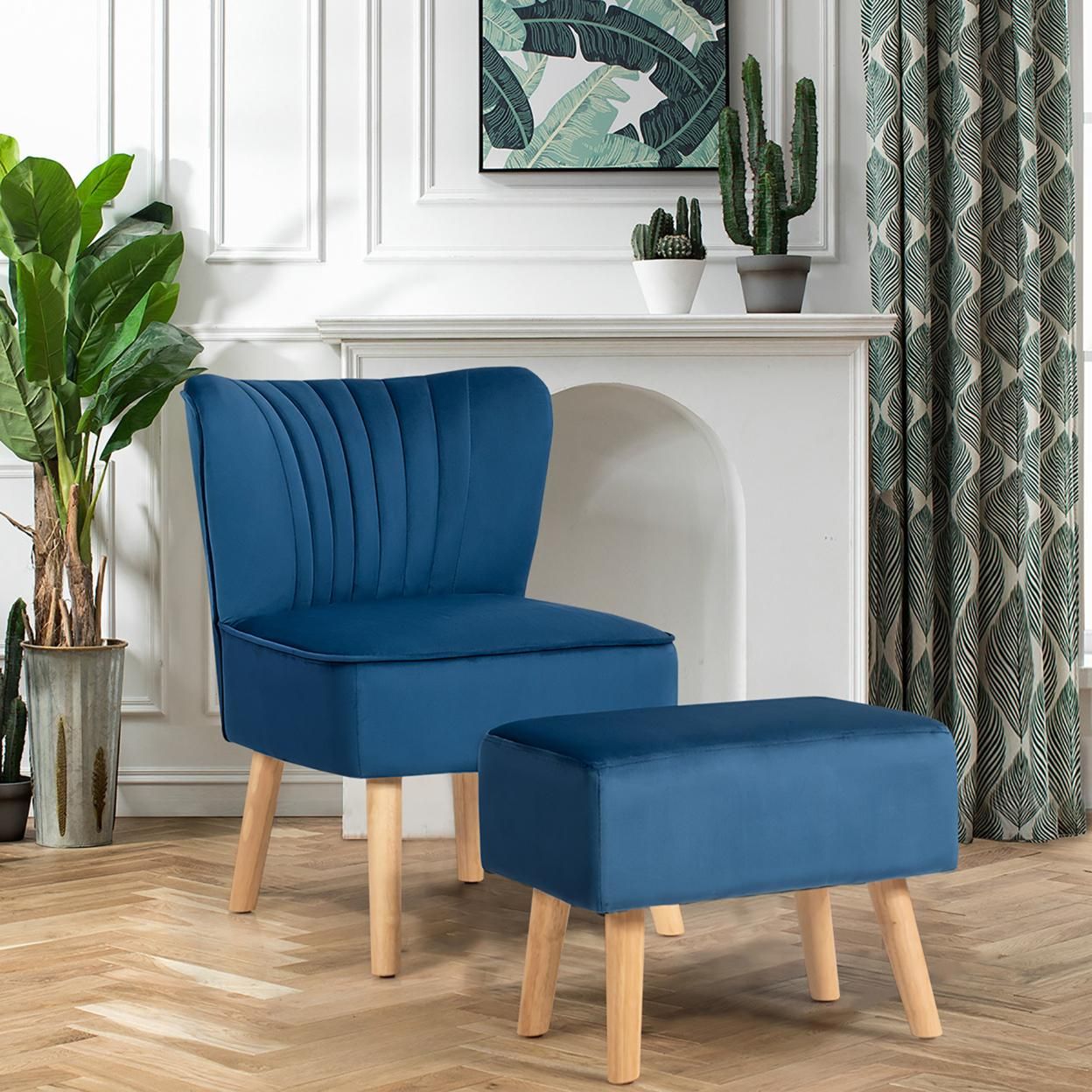 Costway Leisure Chair and Ottoman Thick Padded Velvet Tufted Sofa Set w/ Wood Legs Pink\Blue\ Green