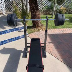 Foldable Space Saving Bench Press With bar！5 foot standard barbell dumbbell handles and 95LB weight set