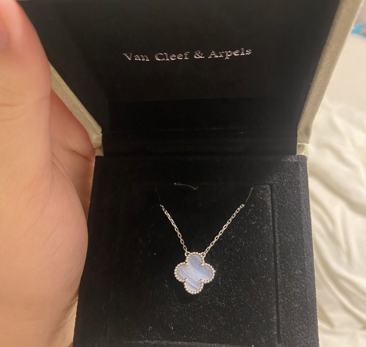 Authentic VCA Chalcedony White Gold Vintage Alhambra Pendant