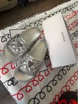 Guess Silver Quilted Slide Sandals