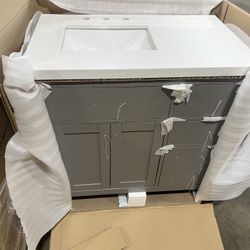 *Clearance* 36” Single Bathroom Vanity Cabinet Gray Speckled Quartz Countertop - Sink Offset Left