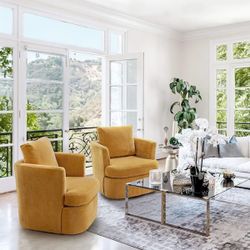 Set Of 2 Mustard Chenille Swivel Accent Barrel Chair Upholstered  360°Club Chair