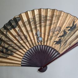 Vtg LG Chinese Hand Painted Men on the Horses Gold Tone Wall Display Fan