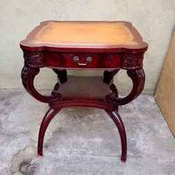 Vintage Regency-Style Mahogany Two-Tier Side Accent Table With Leather Top