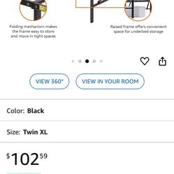Amazon Basics Foldable Metal Platform Bed Frame with Tool Free Setup, 14 Inches High, Sturdy Steel Frame, No Box Spring Needed, Twin XL, Black