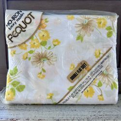 Vintage Springs Mills Double flat sheet new in package  Pattern is called Mountain mist, daisies, and wildflowers in browns and yellow on a white back