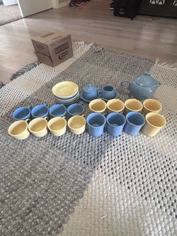 Vintage Fiesta Periwinkle Blue and Yellow Ceramic Tea and Coffee Set
