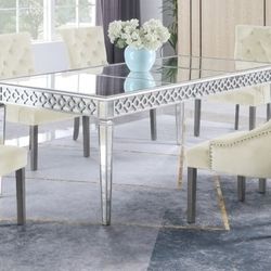 Brand New Beige   Silver Mirrored Velvet 7pc Dining Table Set 