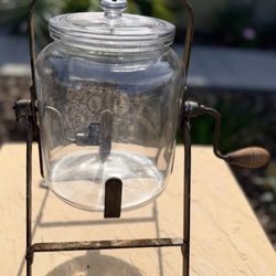 Antique Sanitary Utilities Glass Hand Driven Butter Churn w/Iron Stand Working