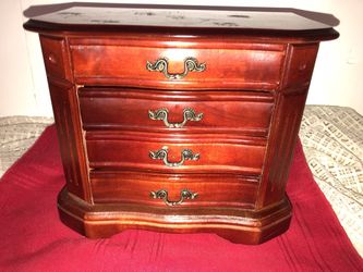 CHERRY FINISH WOOD JEWELRY BOX 3 DRAWERS MIRRORED TOP