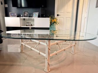 Vintage Faux Bamboo Wrought Iron & Glass Coffee Table