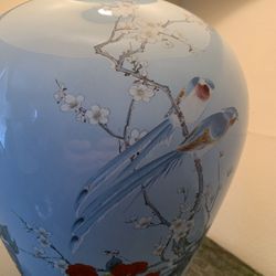 Vintage painted blue porcelain lamp with a shade , excellent condition!