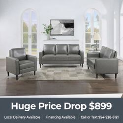 Gray Leather Living Room Set – Sofa, Loveseat & Chair