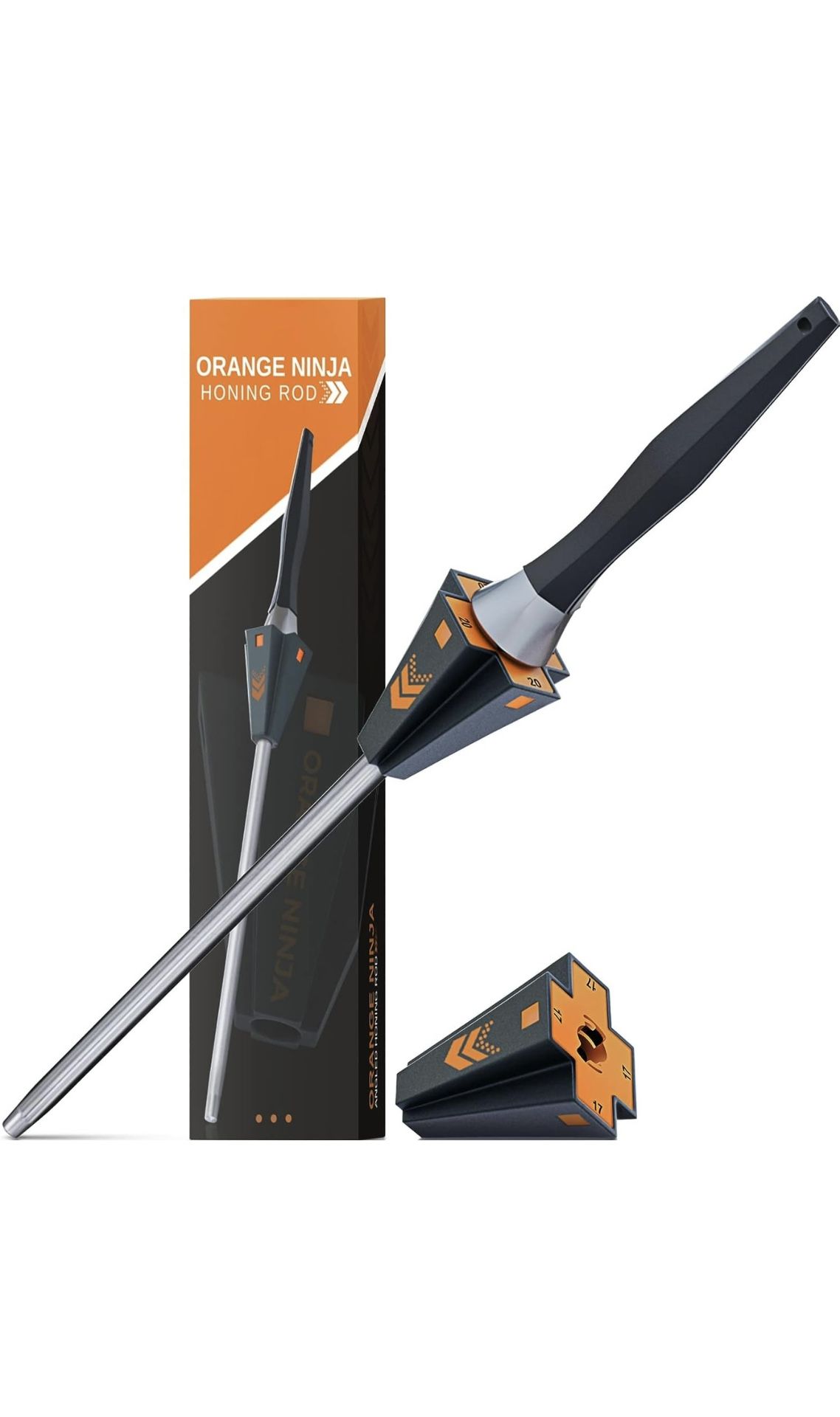 Orange Ninja Knife Honing Rod 10-inch with Adjustable Angle Guides 17° & 20°- Premium Quality Sharpening Steel Sharpener to keep Kitchen Knives Sharp