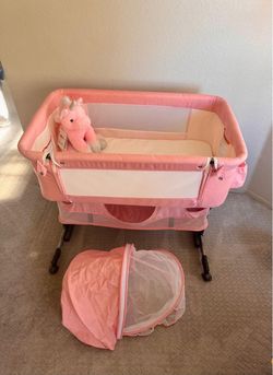 Pink Baby Bassinet with Canopy and Wheels