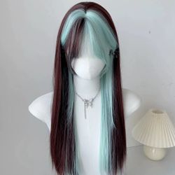 Brown Black Highlighted Mint Green Long Straight Wig For Women Natural Hair Synthetic Lolita Wig Daily Role Play Heat Resistant