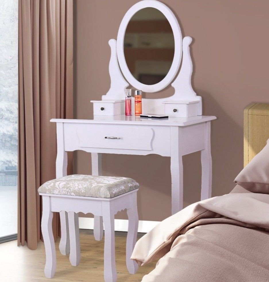 White Wooden Multi functional Vanity Dressing Table with Cushioned Stool