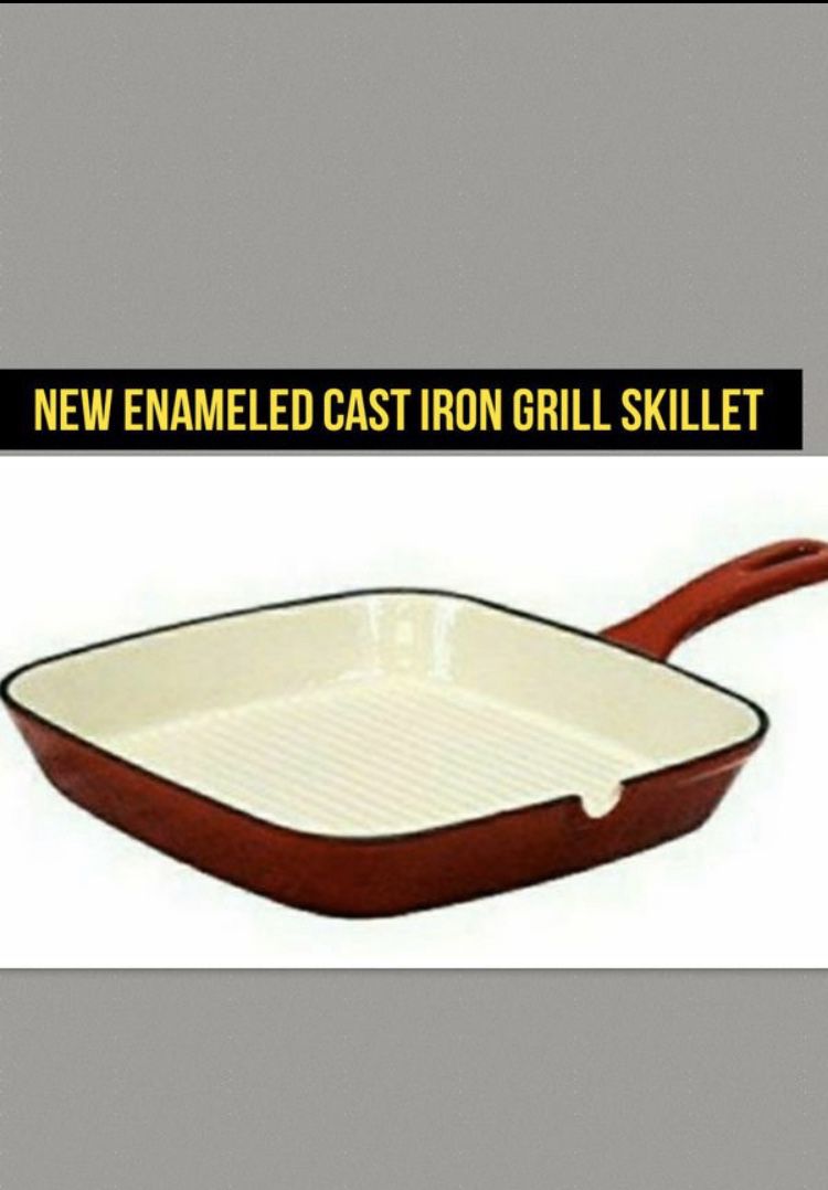 Enameled Cast Iron Pan Grill Skillet Square Red