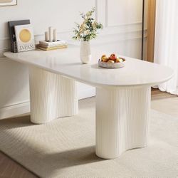 Modern Sculptural Dining Table + 2 Swivel Chairs Set (Cream)