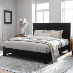 King Size Platform Bed Frame with Velvet Upholstered Headboard and Wooden Slats Support, Fully Upholstered Mattress Foundation/No Box Sprin
