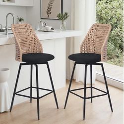 Swivel Rattan Bar Stools Set of 2, Mid Century Modern Counter Height Barstools with Woven Low Back and Metal Legs, Boho Farmhouse Island Chairs with C