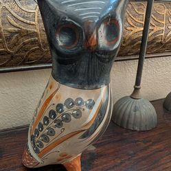 Vintage Tonala Jalisco Hand Painted Mexican Bird Figurine Folk Art Bird Owl 9"