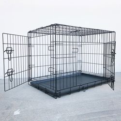 (NEW) $50 Double Door 36” Dog Crate Kennel Metal Folding Pet Cage Plastic Tray, 36x23x25 Inches