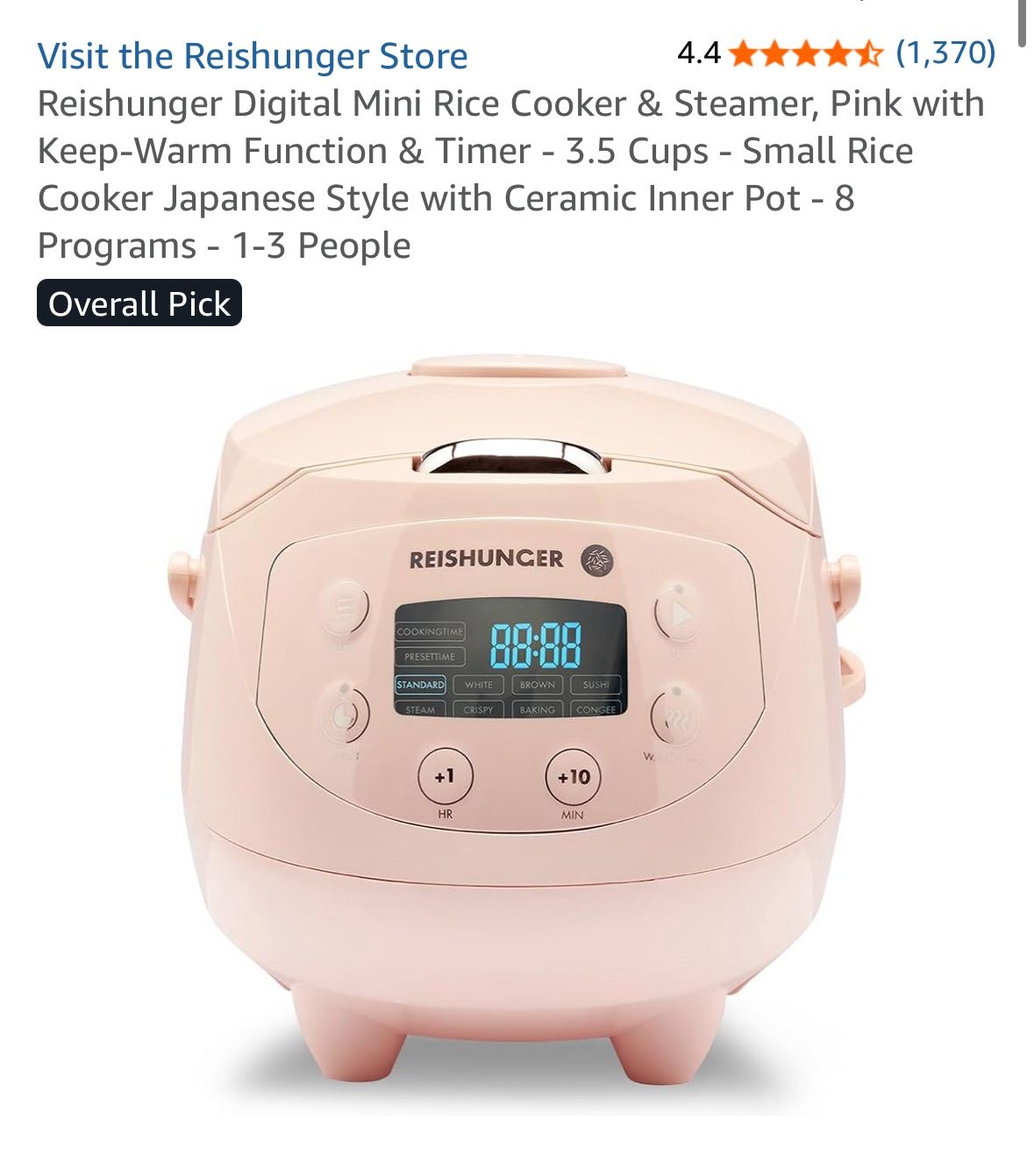 Reishunger Digital Mini Rice Cooker & Steamer, Pink with Keep-Warm Function & Timer - 3.5 Cups - Small Rice Cooker Japanese Style with Ceramic Inner P