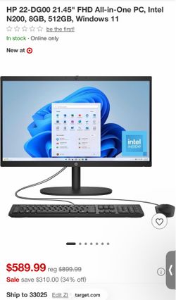 HP 22-DG00 21.45" FHD All-in-One PC, Intel N200, 8GB, 512GB, Windows 11