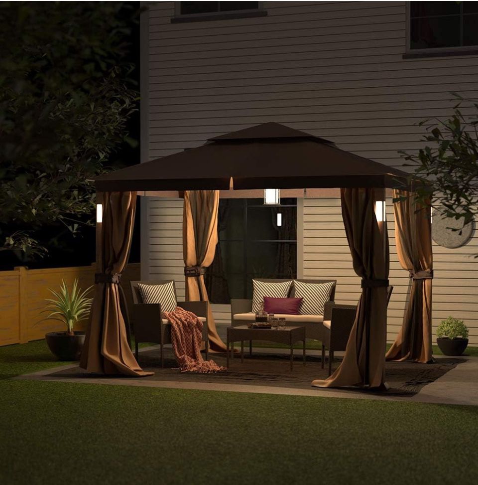 10x12 Gazebo Canopy Soft Top Outdoor Gazebo Tent 2-Tier Curtain Double Roof Vented Gazebo with Mesh, LED Lights, and Bluetooth Speakers