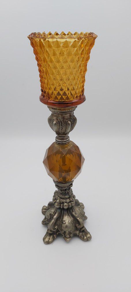 Beautiful Hollywood Regency Style Glass & Brass Candle Holder 