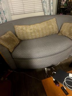 Round Gray Fabric Loveseat with Throw Pillows