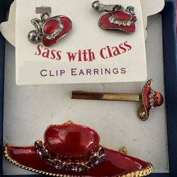 Ladies “Red Hat” Earrings, Brooch & Pin Set