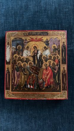 Antique 19th century Certified hand written (painted) Russian Orthodox icon of Dormition of the Mother of God (the Assumption of the Virgin Mary)