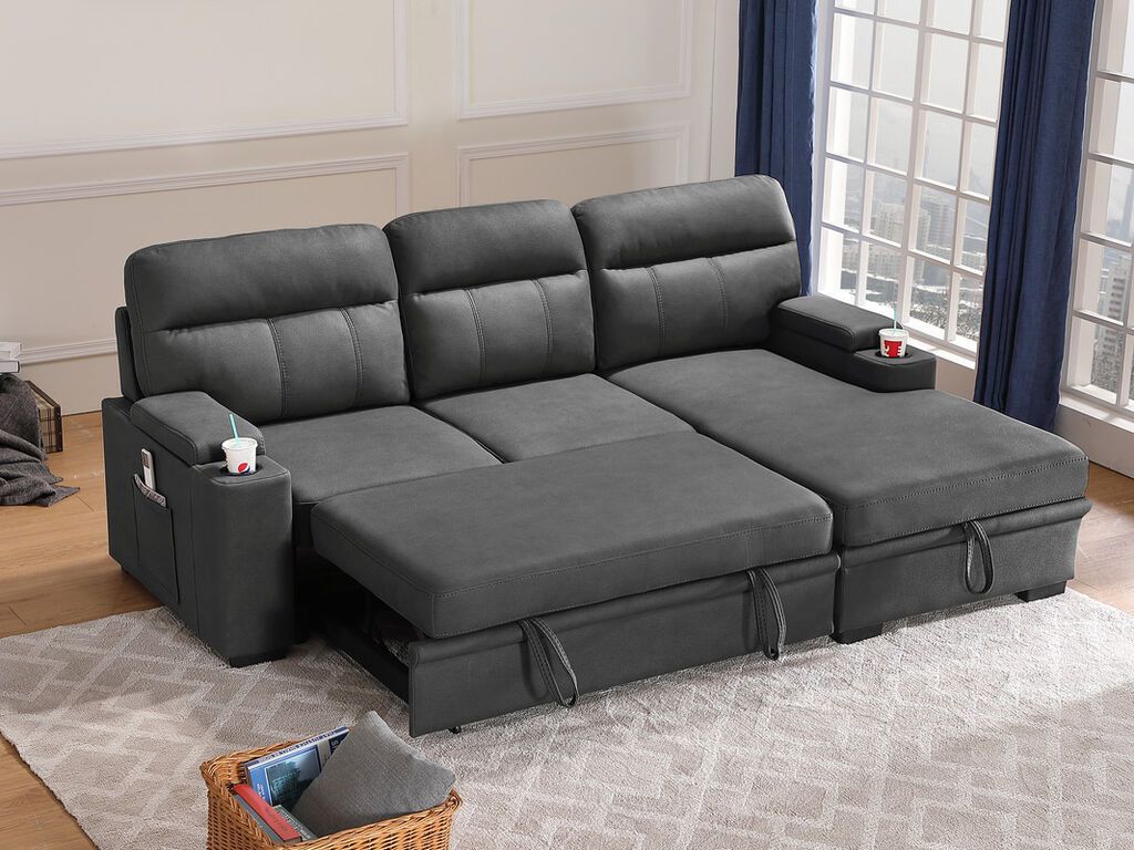 Pull Out Sleeper Sectional Sofa Bed With Storage Chaise In Grey Polished Microfiber