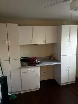 Large White Storage Cabinet Set + Workstation