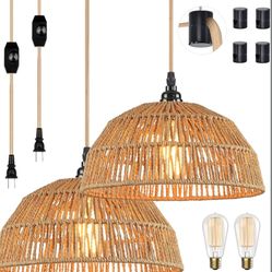 Plug in Pendant Light, Farmhouse Hanging Chandelier Lights with 15ft Golden Cotton Cord, Ceiling Lamp with Dimmable Switch, for Kitchen Island Living 
