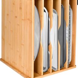 Bamboo Cookie Sheet Organizer 6 Tier Bakeware Rack for Cabinet Cutting Boards