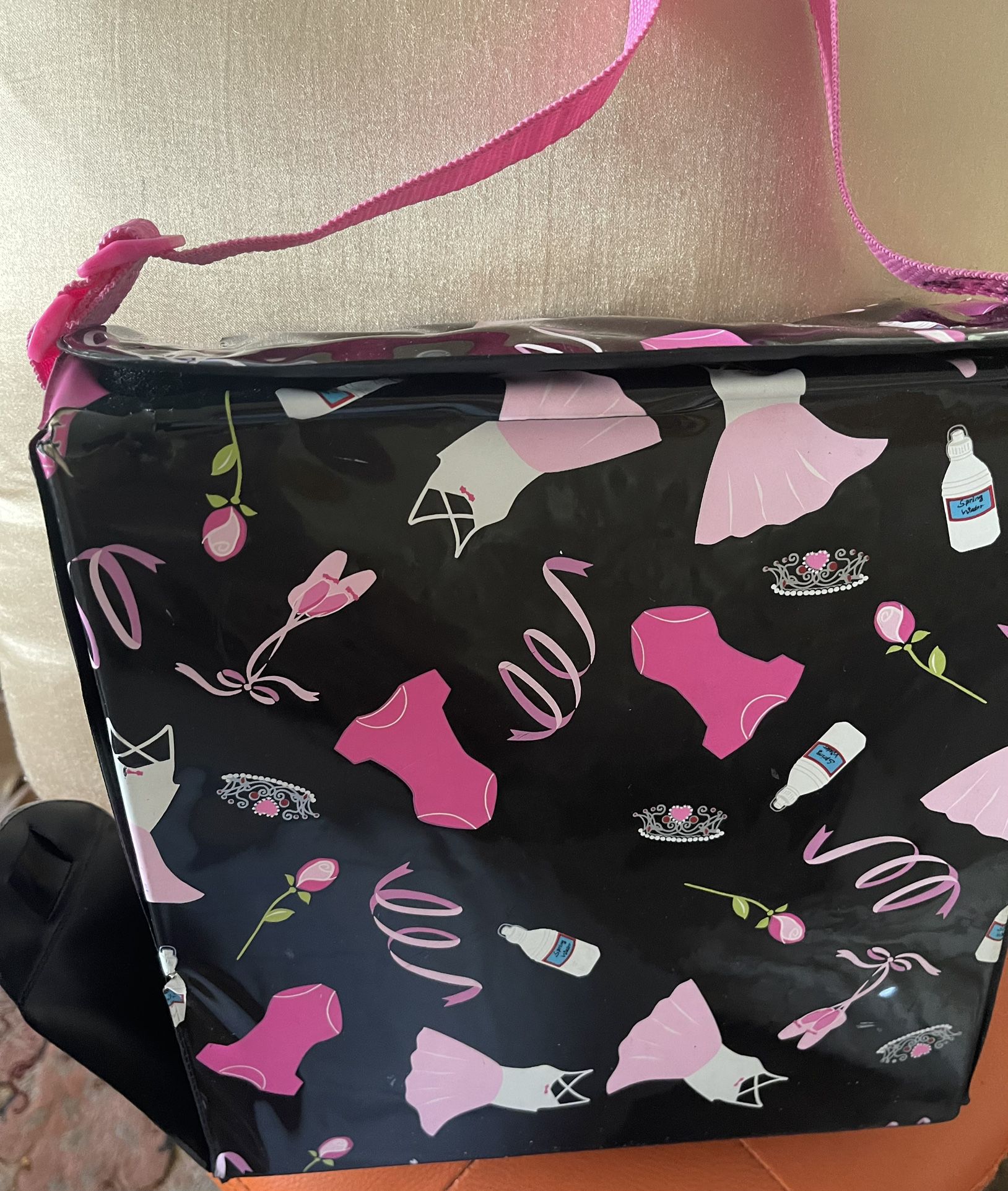  NEW BALLERINA DANCE BAG! Place for shoes and separate place for clothing and water. Black Decorated with cute pink dance outfits.
