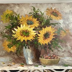 Vintage Sunflowers Impressionist Oil Painting on Canvas 36x24